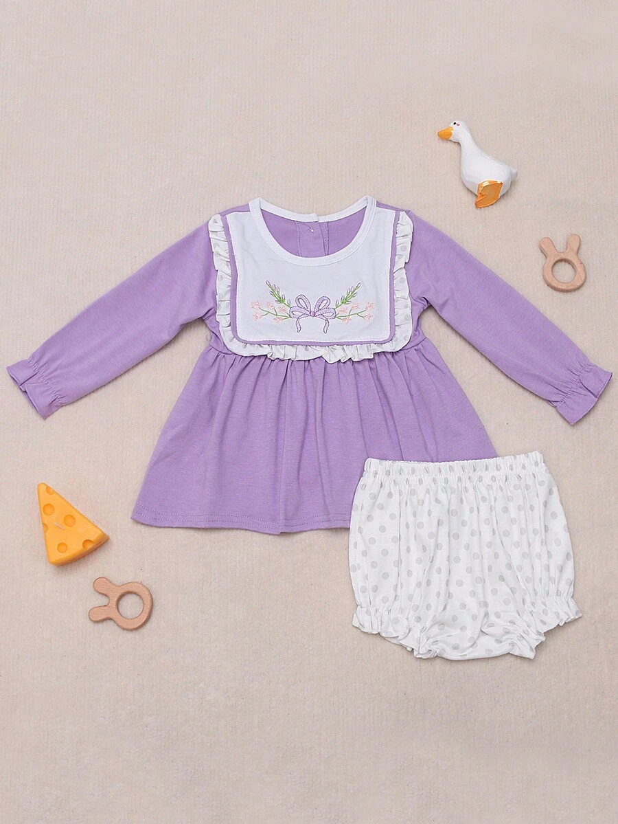 2入組嬰兒女孩優雅的花卉刺繡白色圓領上衣和波點短褲套裝,適用於假期和送禮