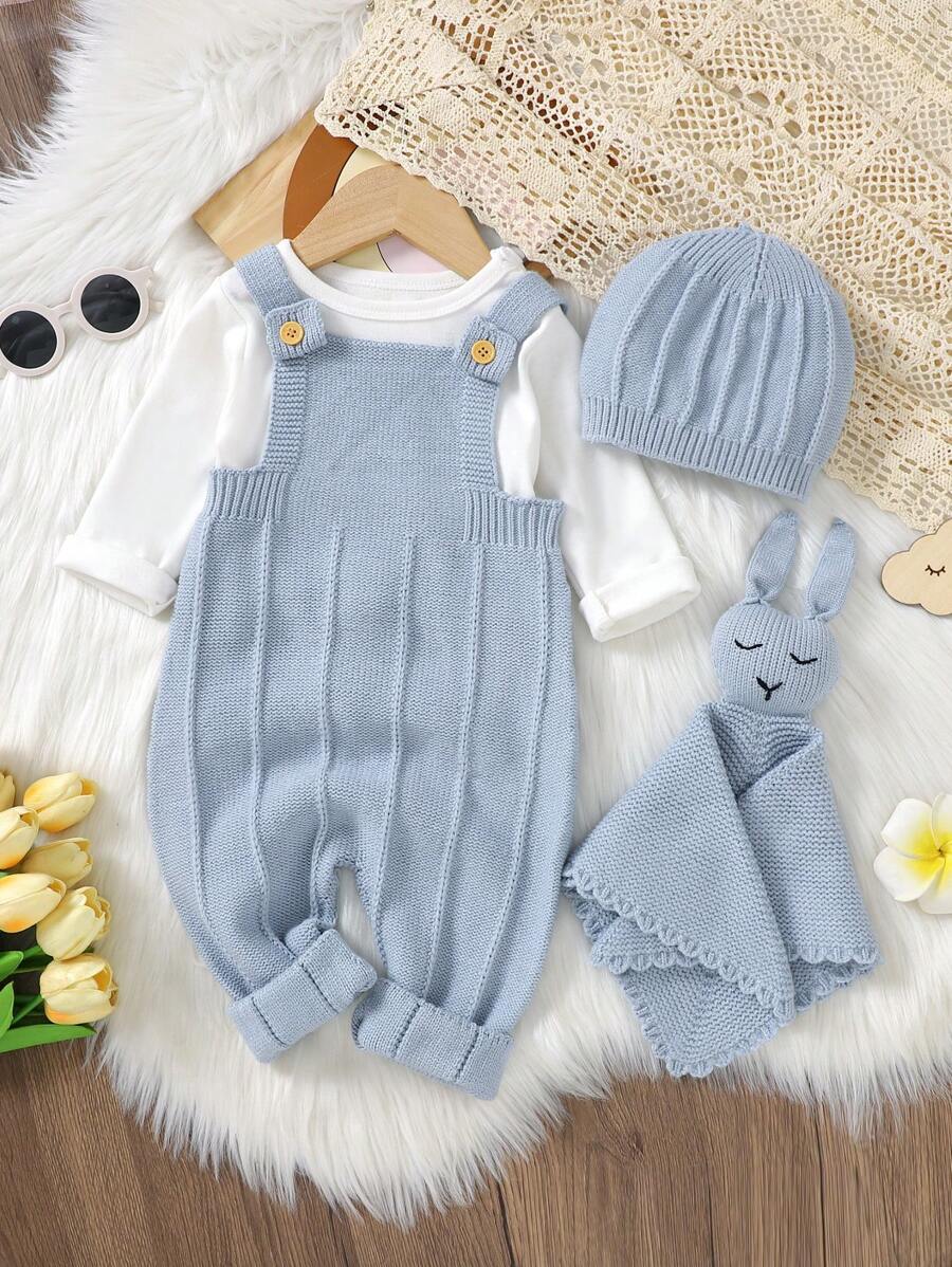 Đứa bé gái Chất rắn Đan Áo liền quần & Mũ & Bib - Màu xanh nhạt - Xem 1