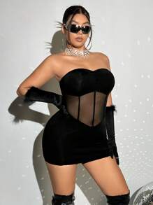 SHEIN ICON 大碼網紗拼接抹胸緊身連衣裙無手套 - 黑色 - 查看 4