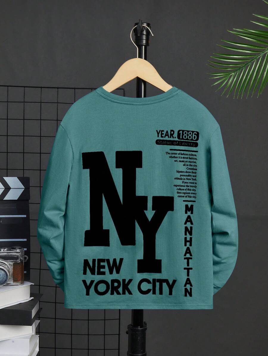 SHEIN 青少年男孩休闲宽松纯色长袖T恤