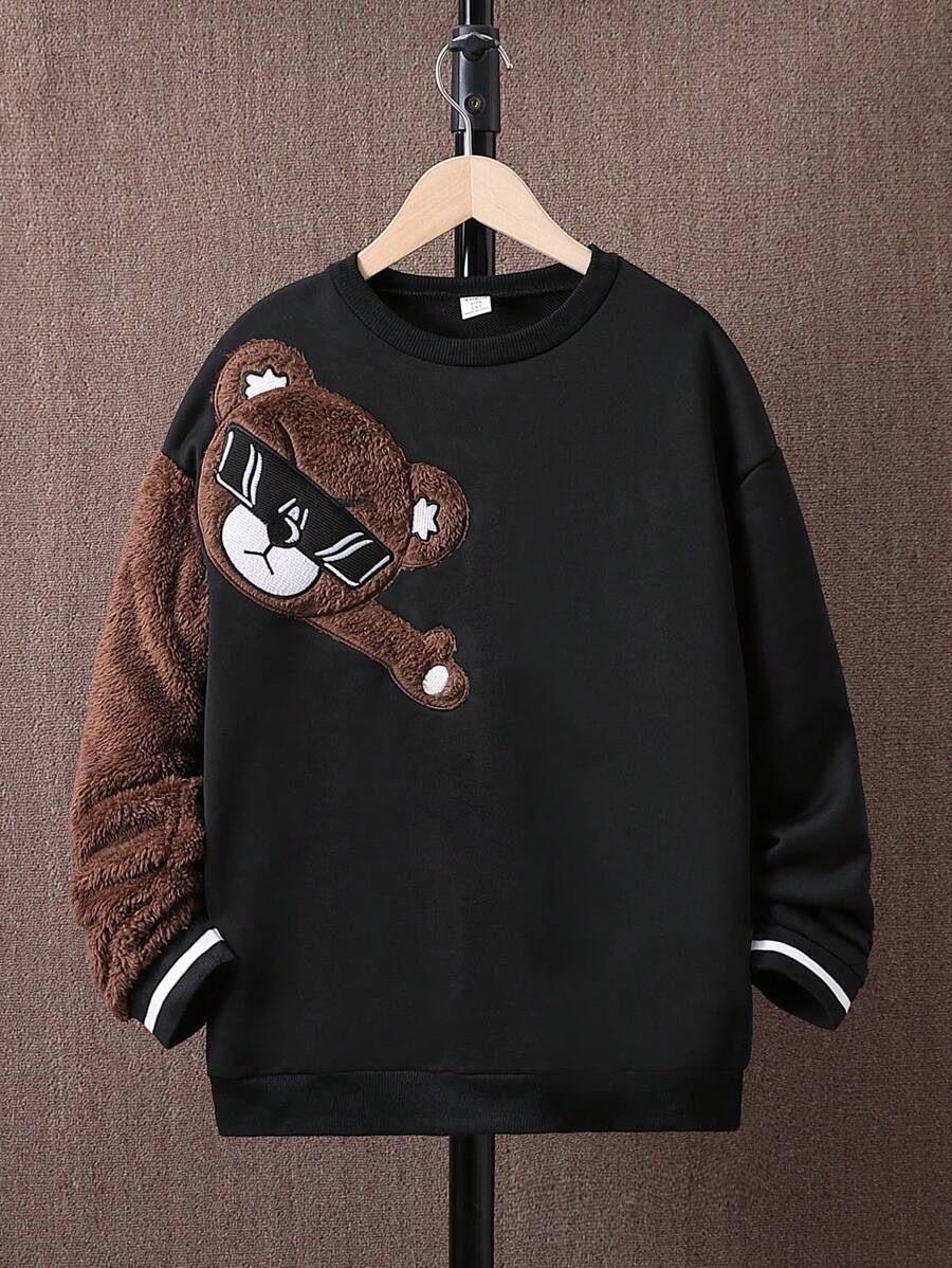 SHEIN Explorewe Thiếu niên con trai Gấu Đổ xô Sọc trang trí Thả vai Áo nỉ - màu đen - Xem 1