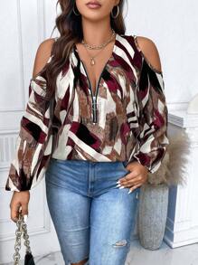 SHEIN Unity 大码露肩长袖灯笼袖半拉链衬衫 - 酒紅色 - 查看 3