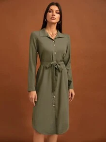 SHEIN Tall Solid Button Front Belted Shirt Dress - Army Green - View 3