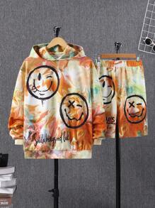 SHEIN Teen Boy Cartoon Graphic Tie Dye Hoodie & Shorts - Multicolor - View 1