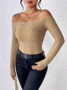 SHEIN Frenchy Off Shoulder Lettuce Trim Tee - Khaki - View 6