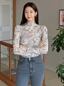 DAZY 大理石印花高領上衣 - 淺灰色 - 查看 3