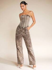 SHEIN BAE 毛邊抹胸牛仔上衣 - 棕色 - 查看 3