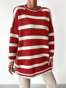 SHEIN Cottnline Striped Pattern Drop Shoulder Sweater - Red - View 3