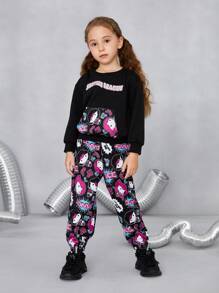 JUSTICE LEAGUE X SHEIN Young Girl Cute Retro Casual Black Cartoon Hero Letter Pattern Print Loose Long Sleeve Pocket Sweatshirt And Pants Set - Black - View 1