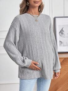 SHEIN 孕婦落肩袖條紋針織T恤 - 灰色 - 查看 3