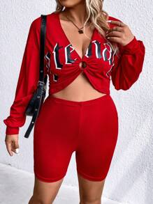 Flirla Plus Letter Graphic O-ring Detail Drop Shoulder Crop Top & Biker Shorts - Red - View 3