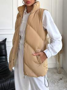 EURMUSE Women'S Solid Color Padded Vest Coat Jacket - Khaki - View 5