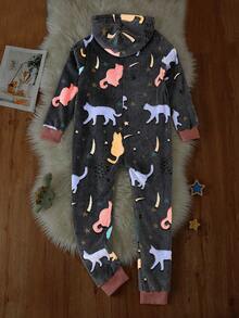 女大童貓樣式連帽法蘭絨連體睡衣 - 彩色 - 查看 2