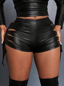 Slaydiva Sexy/Summer Music Festival/Rave/Rave Festival/Rave/Rave/Street/Streetwear For Women/Gyaru/Casual Tight Valentine's Day Music Festival Sexy Party Street Side Hollow Twist Strap PU Leather Biker Shorts Mini High Waist Women's Shorts - Black - View 2