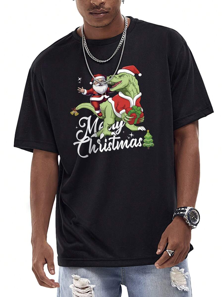 Men Christmas Print Tee - Black - View 1