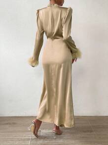 Chiquease Fuzzy Cuff Ruched Bust Dress Maxi Women Outfit - Apricot - View 2