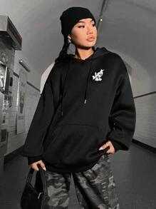 SHEIN Coolane Lá thư & In Hình Thả vai Hoodie - màu đen - Xem 5