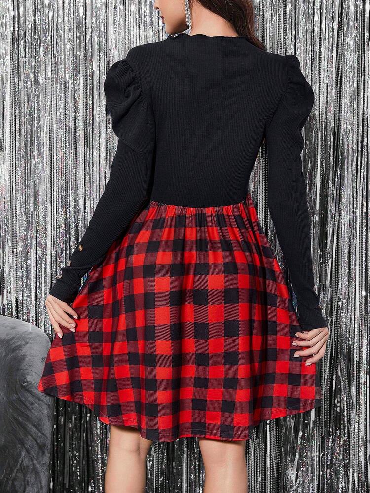 Buffalo Plaid Print Gigot Sleeve Dress
