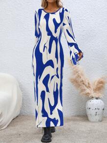 SHEIN Clasi 圖案印花喇叭袖緊身洋裝 - 藍色 - 查看 6