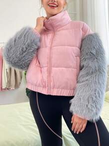 SHEIN EZwear Plus Fuzzy Panel Drop Shoulder Zipper Padded Coat - Pink - View 5