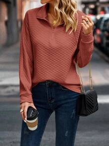 SHEIN LUNE Solid Half Zip Sweatshirt - Red - View 1