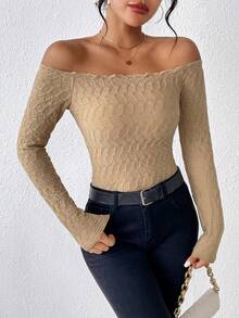 SHEIN Frenchy Off Shoulder Lettuce Trim Tee - Khaki - View 5