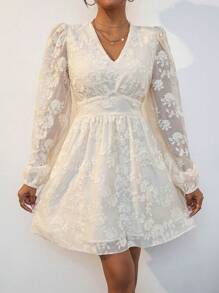 Aveloria Jacquard V Neck Puff Sleeve Dress - Apricot - View 3