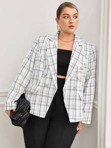 BizChic Plus Plaid Double Breasted Tweed Blazer - White - View 6