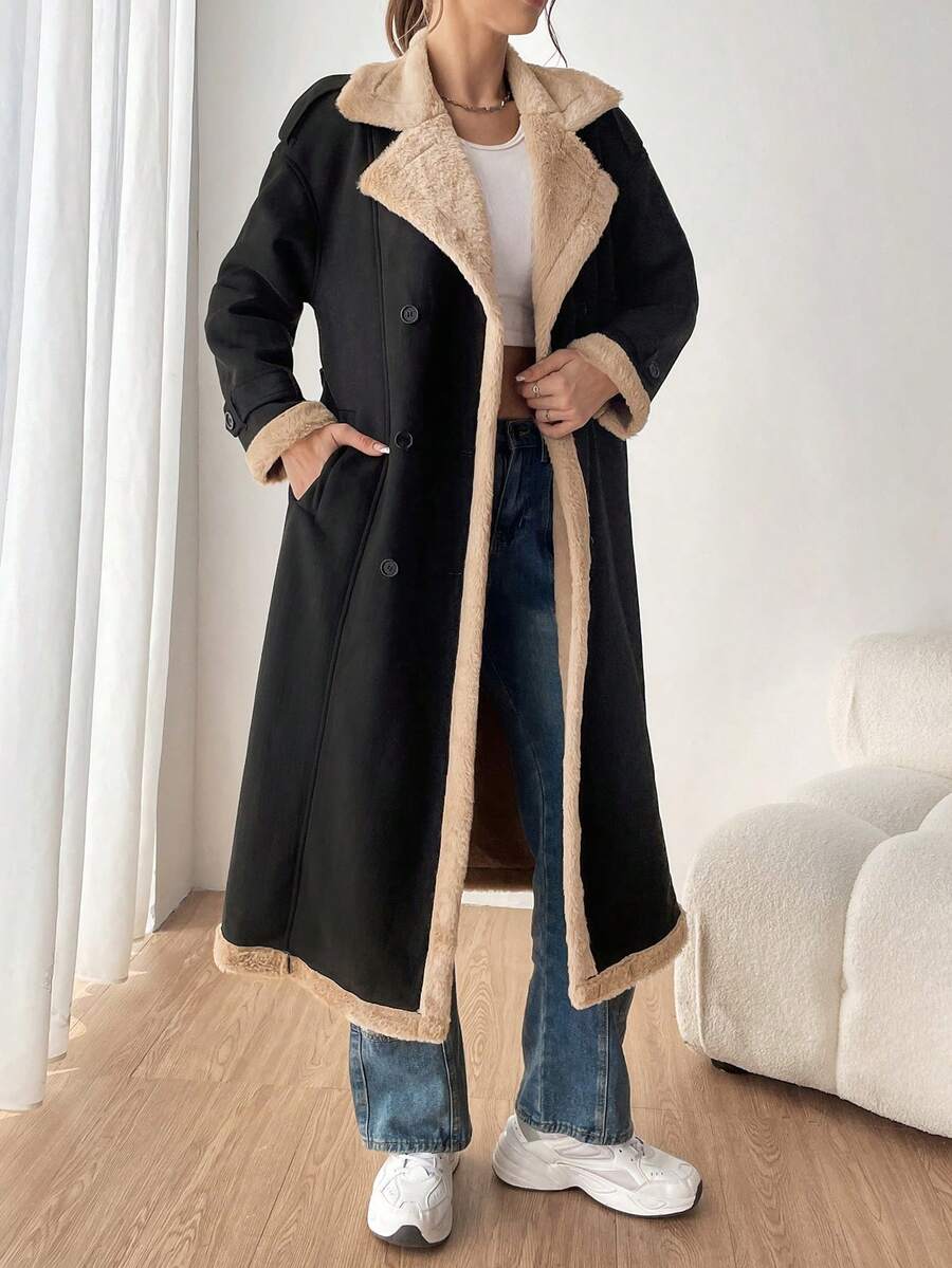 SHEIN EZwear 雙排釦毛絨內襯雙排釦外套 - 黑色 - 查看 1