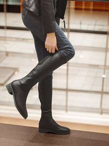 女士过膝靴，春秋靴，弹性高筒靴，带拉链，适合骑士风格 - 黑色 - 查看 3