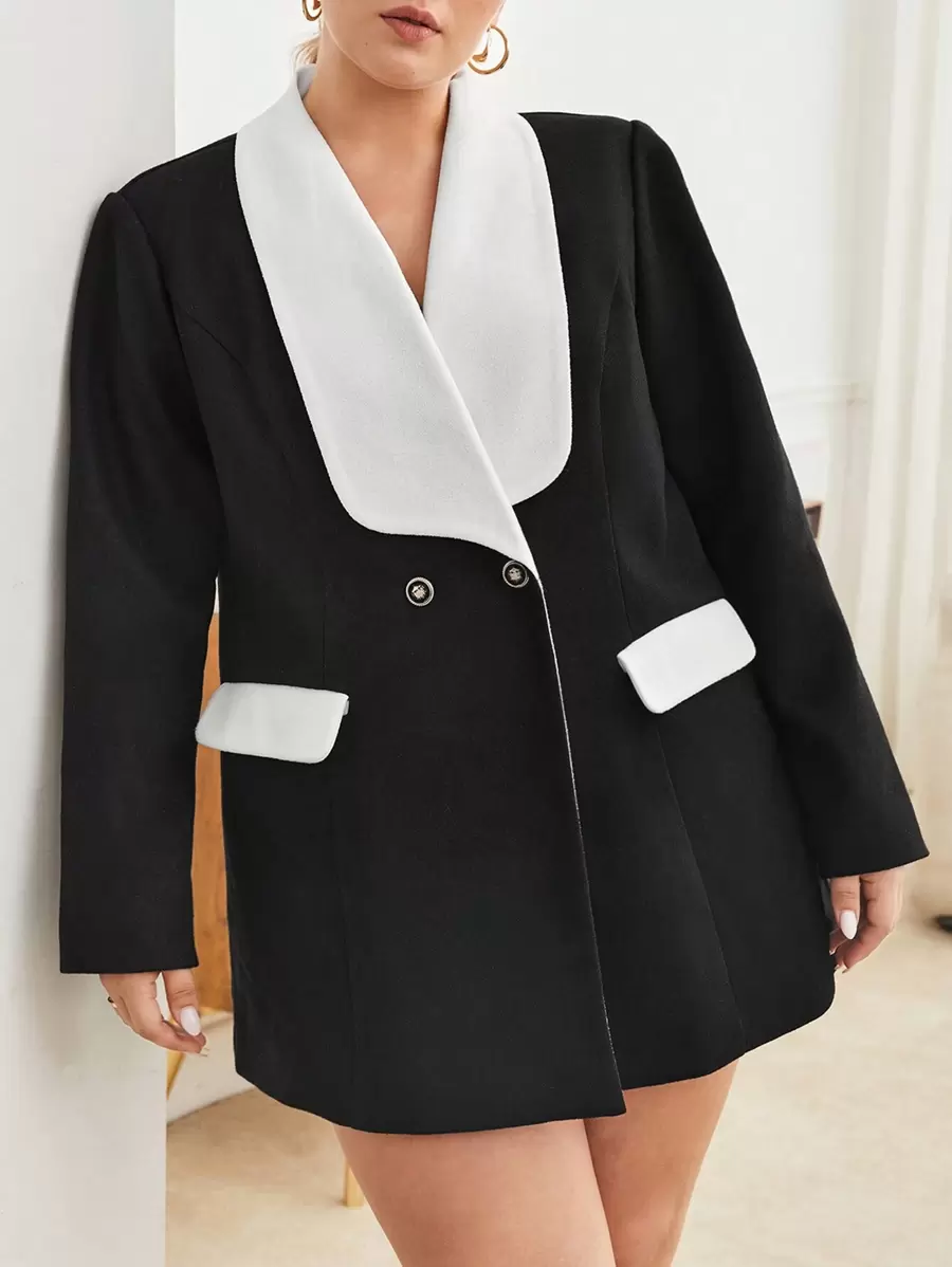 BizChic Plus Contrast Collar Flap Detail Overcoat - Black and White - View 1