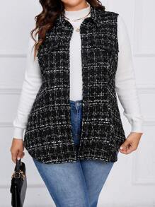SHEIN LUNE Hơn Kẻ sọc Chi tiết về Flap Không tay Áo khoác - màu đen - Xem 1