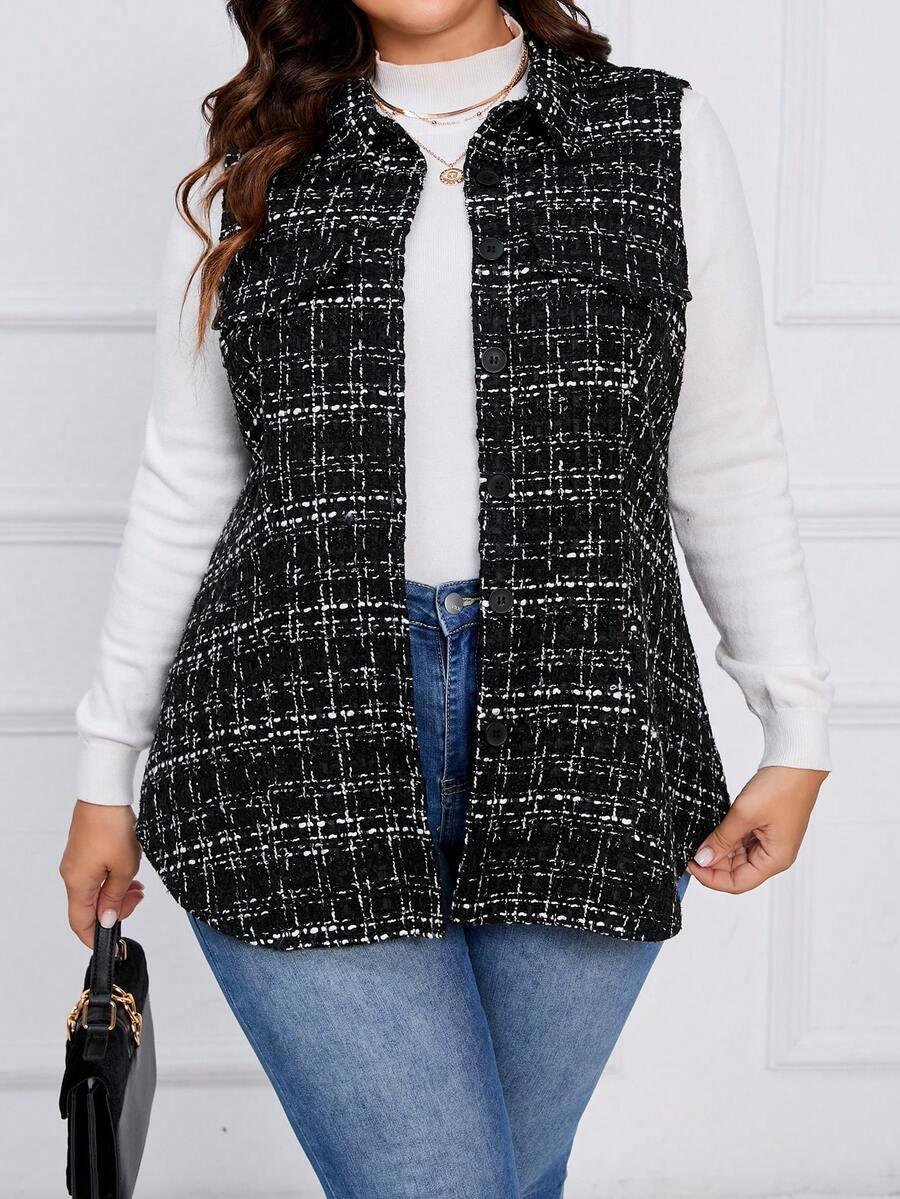 SHEIN LUNE Hơn Kẻ sọc Chi tiết về Flap Không tay Áo khoác - màu đen - Xem 1