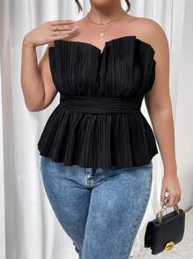 SHEIN Privé Plus Plisse Peplum Tube Top - Black - View 3