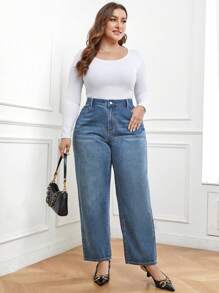 SHEIN LUNE 大碼拉鏈門襟直筒牛仔褲 - 中等水洗藍 - 查看 6