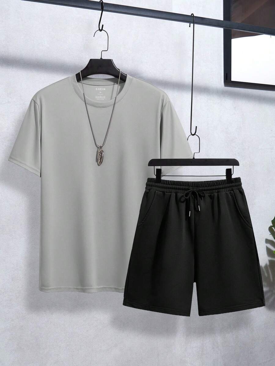 Manfinity Dauomo Nam Áo phông trơn & Eo dây rút Quần short - Xám - Xem 1