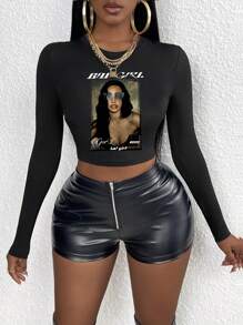 Slaydiva BAD GIRL黑色人像&字母圖案圓領修身長袖女T恤 - 黑色 - 查看 5