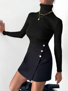 EURMUSE Turtleneck Ribbed Knit Sweater - Black - View 5