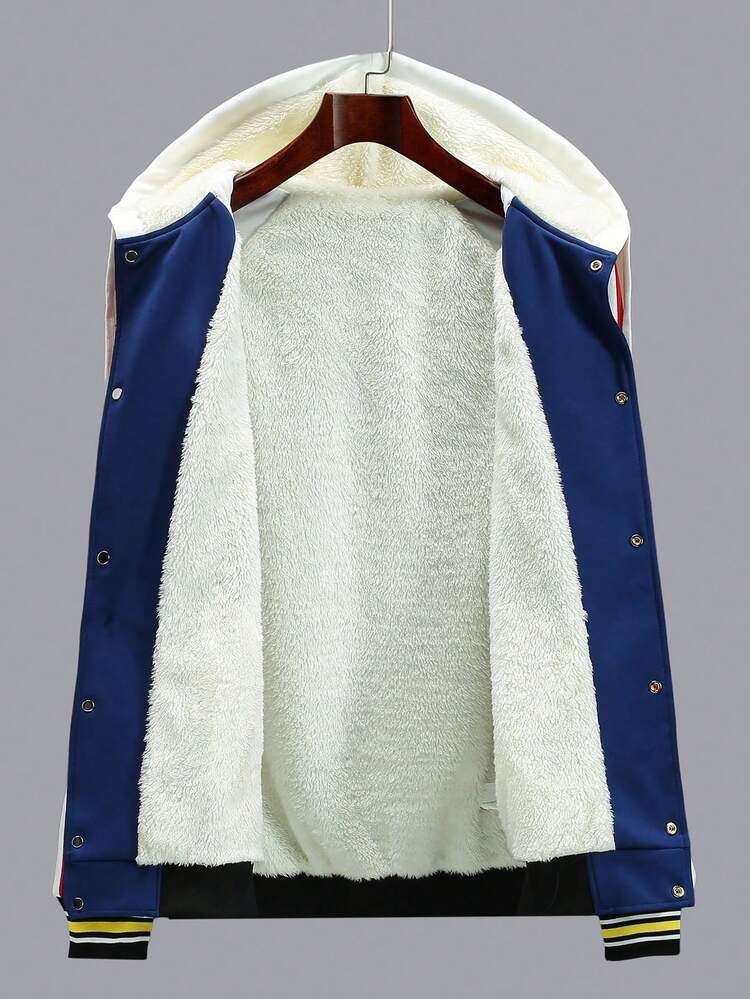 Men Letter Graphic Loose Colorblock Raglan Sleeve Drawstring Hooded Thermal Lined Jacket