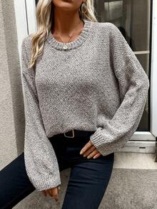 SHEIN LUNE Marled Knit Drop Shoulder Sweater - Apricot - View 3