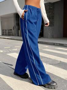 SHEIN Coolane Cao eo Đường may Chi tiết Quần ống rộng - Xanh đậm - Xem 4