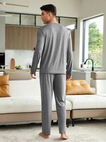 Men Slogan Graphic PJ Set / Pajama Set - Grey - View 3