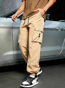 Men Street Flap Pocket Side Letter Graphic Drawstring Waist Cargo Pants - Khaki - View 1