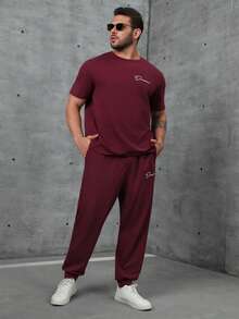 GENTILAND Men Plus Letter Graphic Tee & Sweatpants - Red - View 4