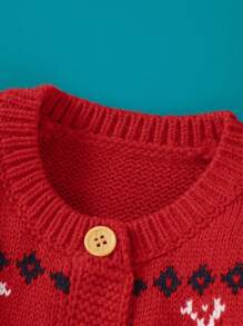 Baby Girl Christmas Pattern Button Front Cardigan With Hat - Red - View 4