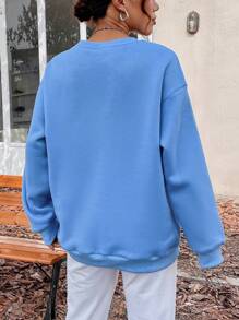 SHEIN Unity 字母图案落肩套头卫衣，秋季卫衣 - 藍色 - 查看 2