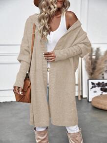 SHEIN LUNE Batwing Sleeve Hooded Duster Cardigan - Khaki - View 3