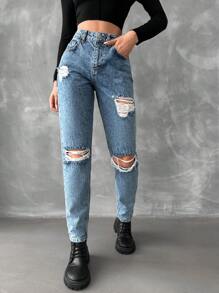 EURMUSE Cao eo Quần jean rách phù hợp với mẹ - Màu xanh lam - Xem 5