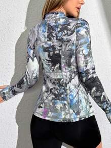 SHEIN Sport Studio Allover Print Thumbholes Top-stitching Slant Pocket Sports Jacket
