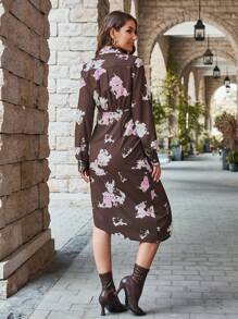 GENKIRA Floral Print Belted Asymmetrical Hem Shirt Dress Fall Cloth For Women - Multicolor - View 2
